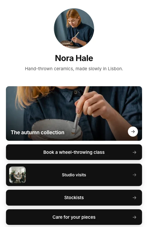 An Alllinks page for a pottery maker with her links and bookings